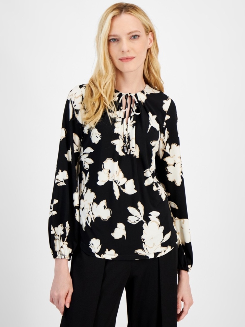 Anne Klein Tie-Front Split-Neck Blouse Black Multi Floral Size M NWT - Picture 5 of 6